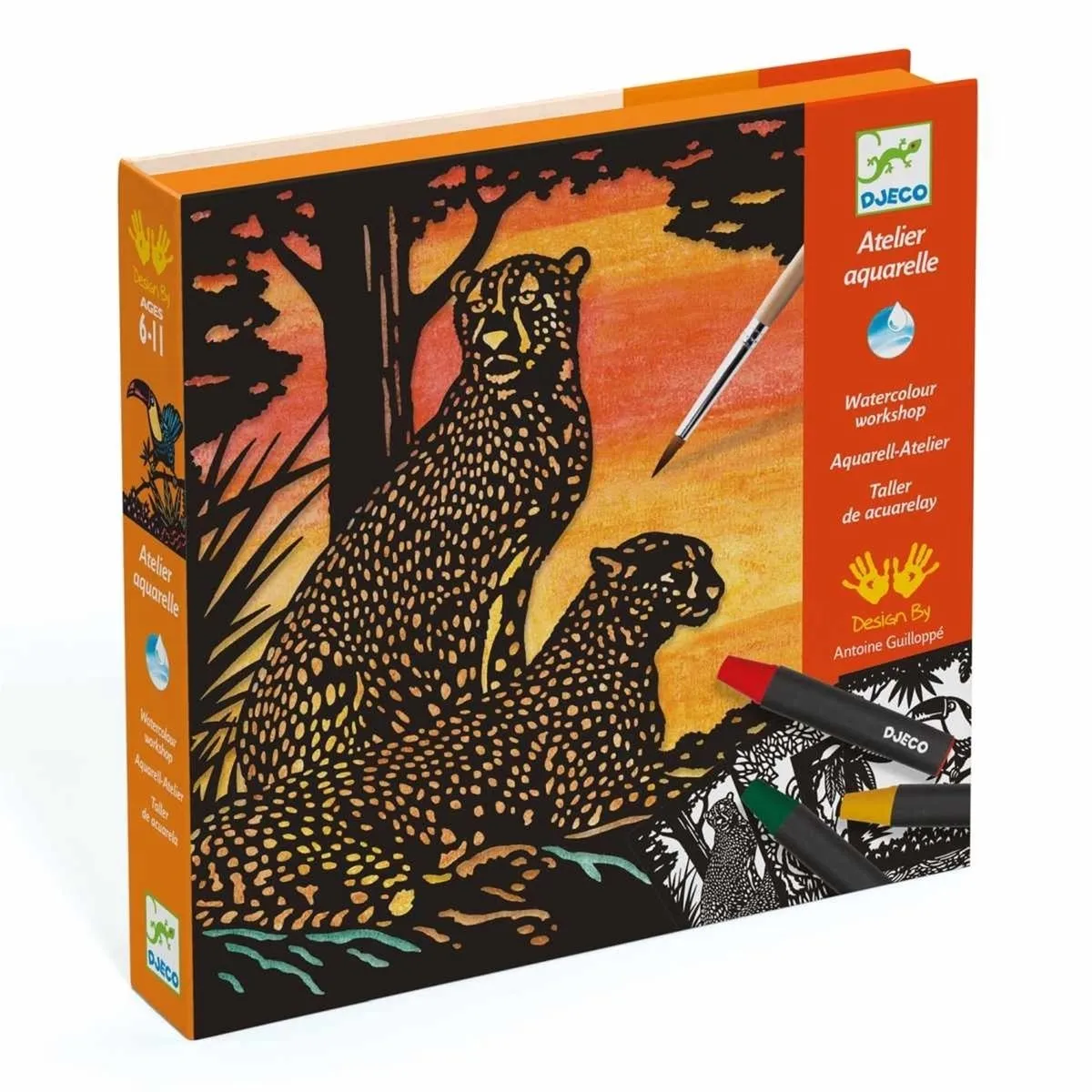 Djeco Aquarel Workshop Jungledieren - 4 Kaarten & 12 Waskrijtjes - afbeelding 6 van 6