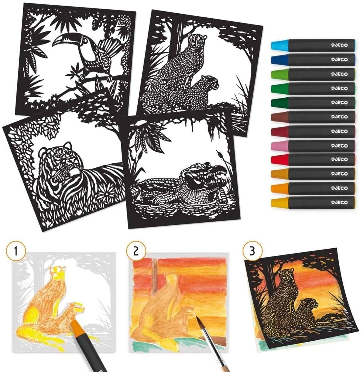 Djeco Aquarel Workshop Jungledieren - 4 Kaarten & 12 Waskrijtjes