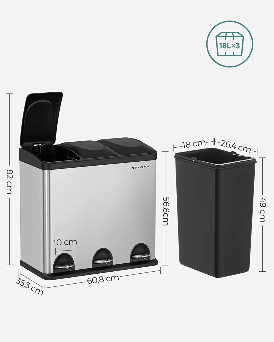Songmics Metalen Afvalbak 54L - 3 Compartimenten - Zilver/Zwart - afbeelding 3 van 5