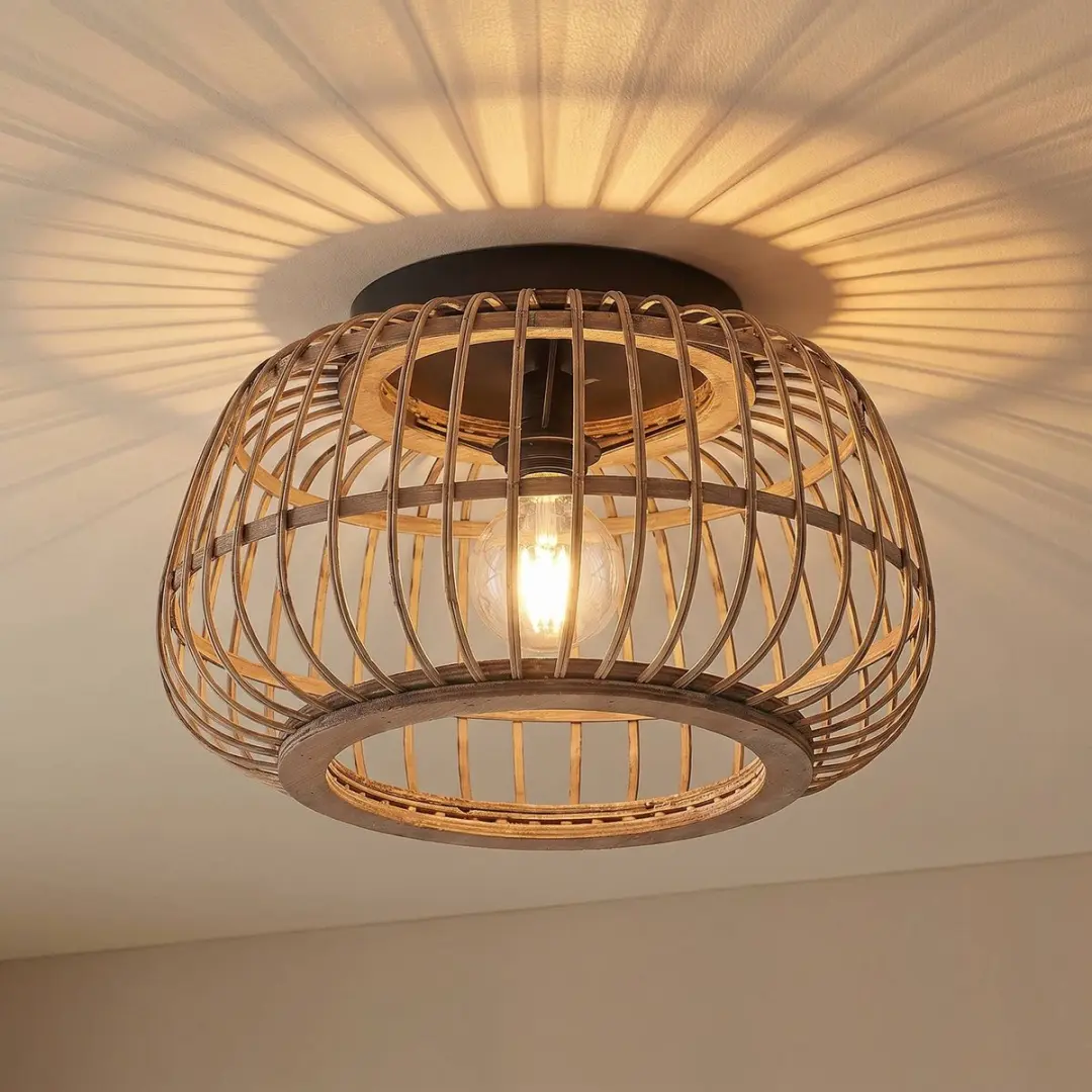 Lindby Plafondlamp Rotan Staal - 1 Lichtpunt 40cm - Matzwart/Licht Hout