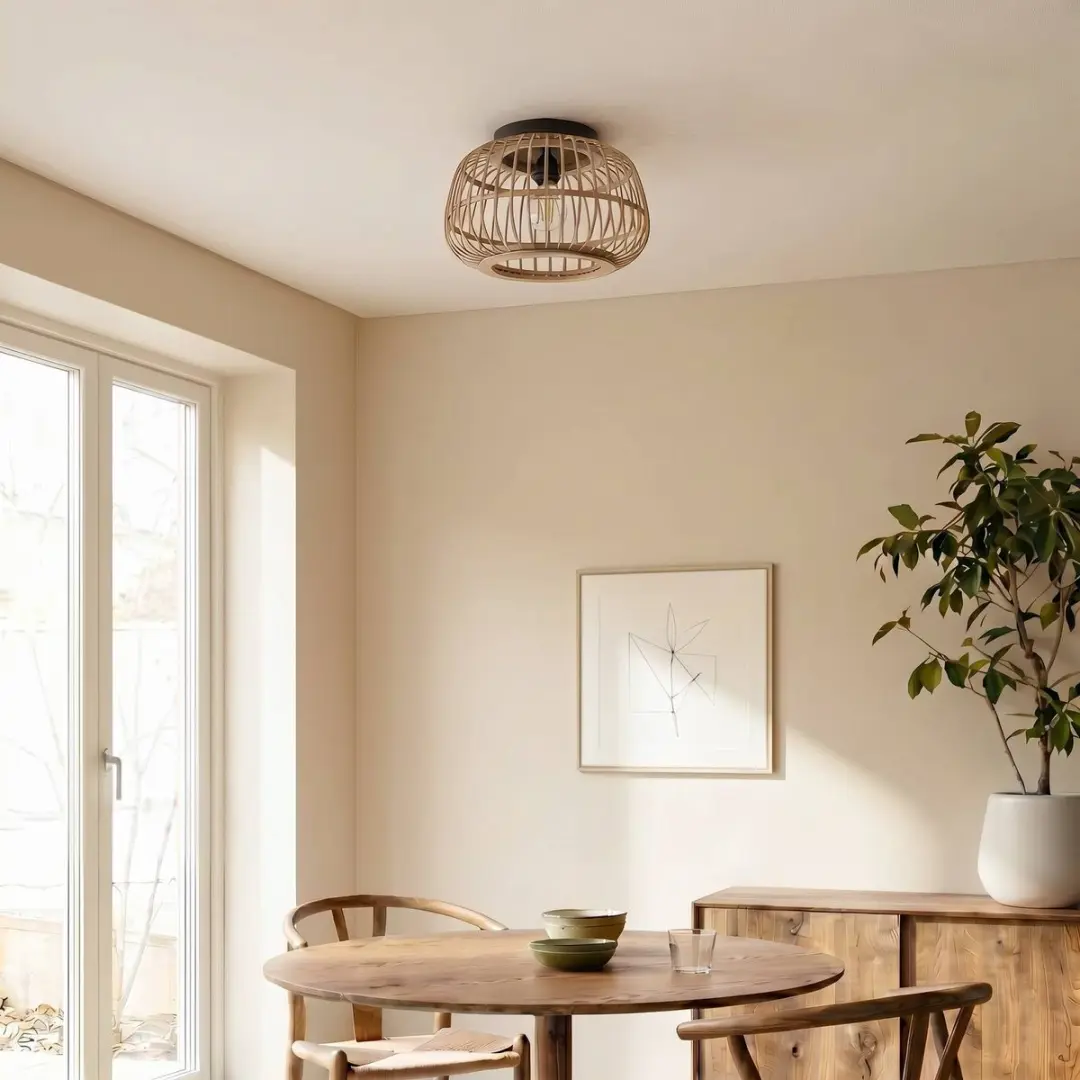 Lindby Plafondlamp Rotan Staal - 1 Lichtpunt 40cm - Matzwart/Licht Hout
