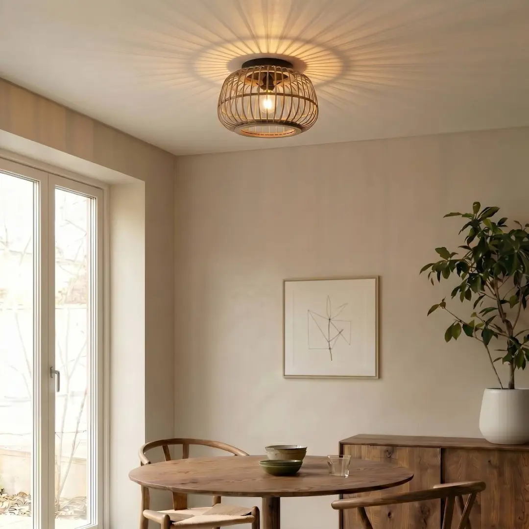 Lindby Plafondlamp Rotan Staal - 1 Lichtpunt 40cm - Matzwart/Licht Hout