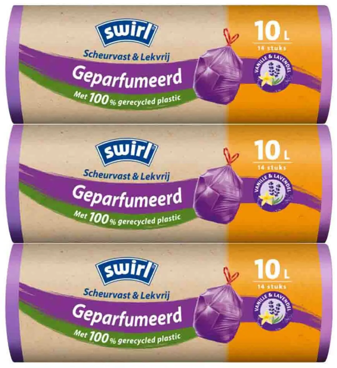 Swirl Pedaalemmerzakken 10L - 42 Stuks (3x14) - Paars - Geparfumeerd Vanille & Lavendel