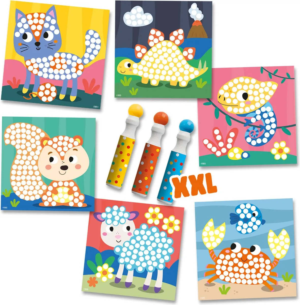 SES Creative Dot Markers Knutselset - 9 Stuks - 3 Stipstiften + 6 Kleurplaten