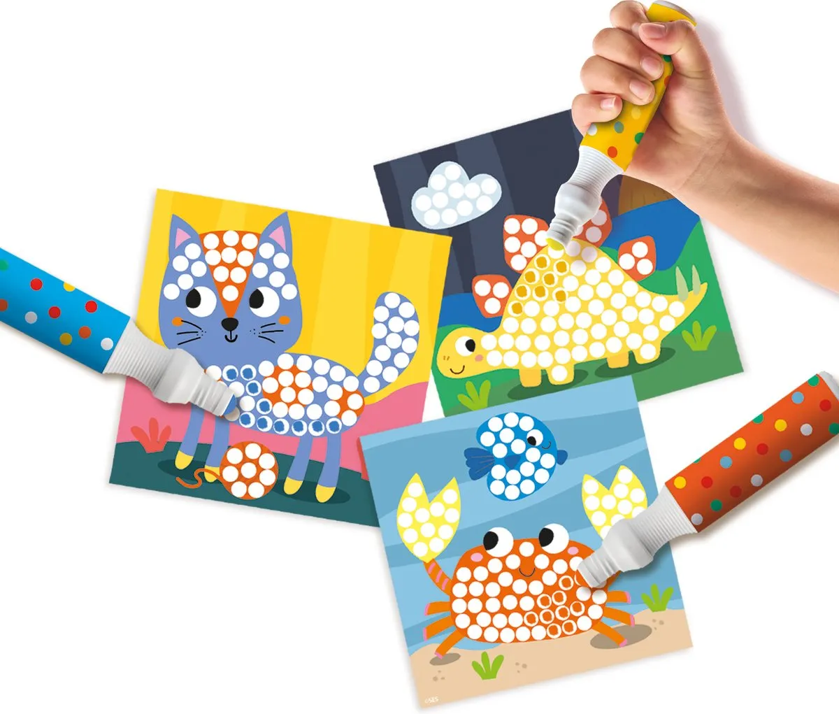 SES Creative Dot Markers Knutselset - 9 Stuks - 3 Stipstiften + 6 Kleurplaten