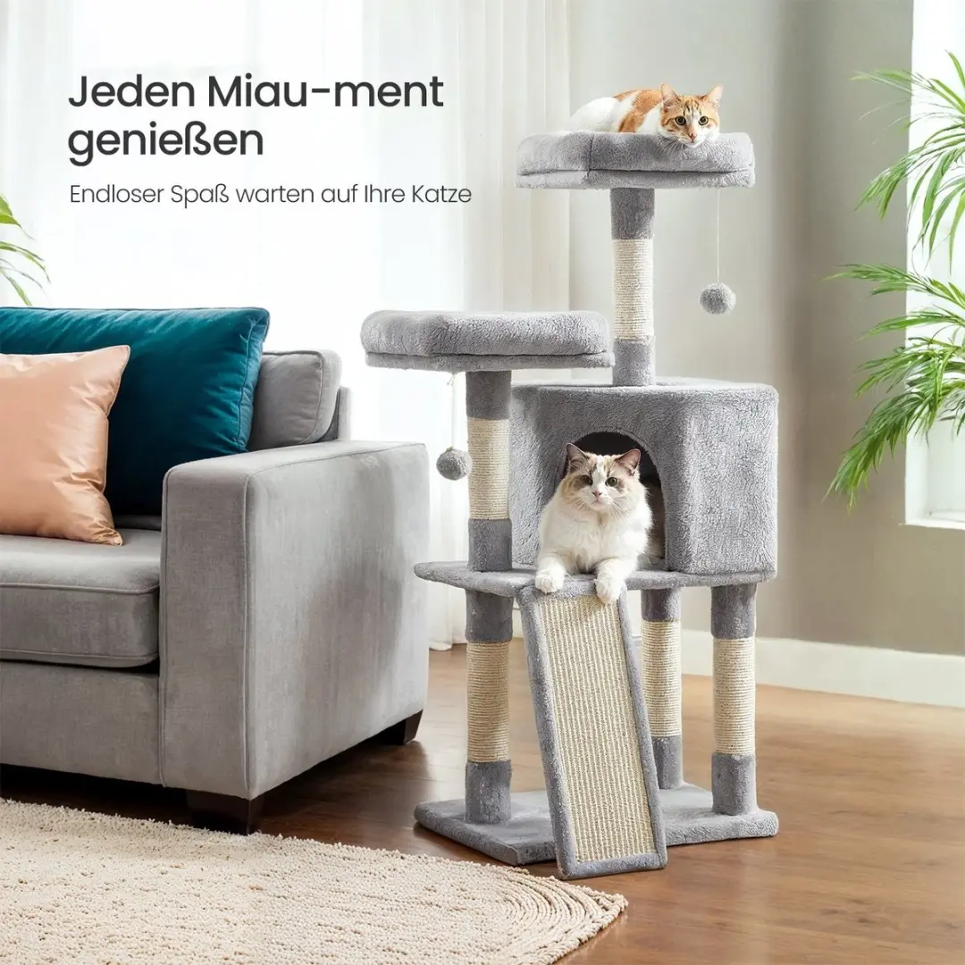 Songmics Krabpaal Kattenboom 115cm - 3 Ligplekken - Lichtgrijs - afbeelding 2 van 5