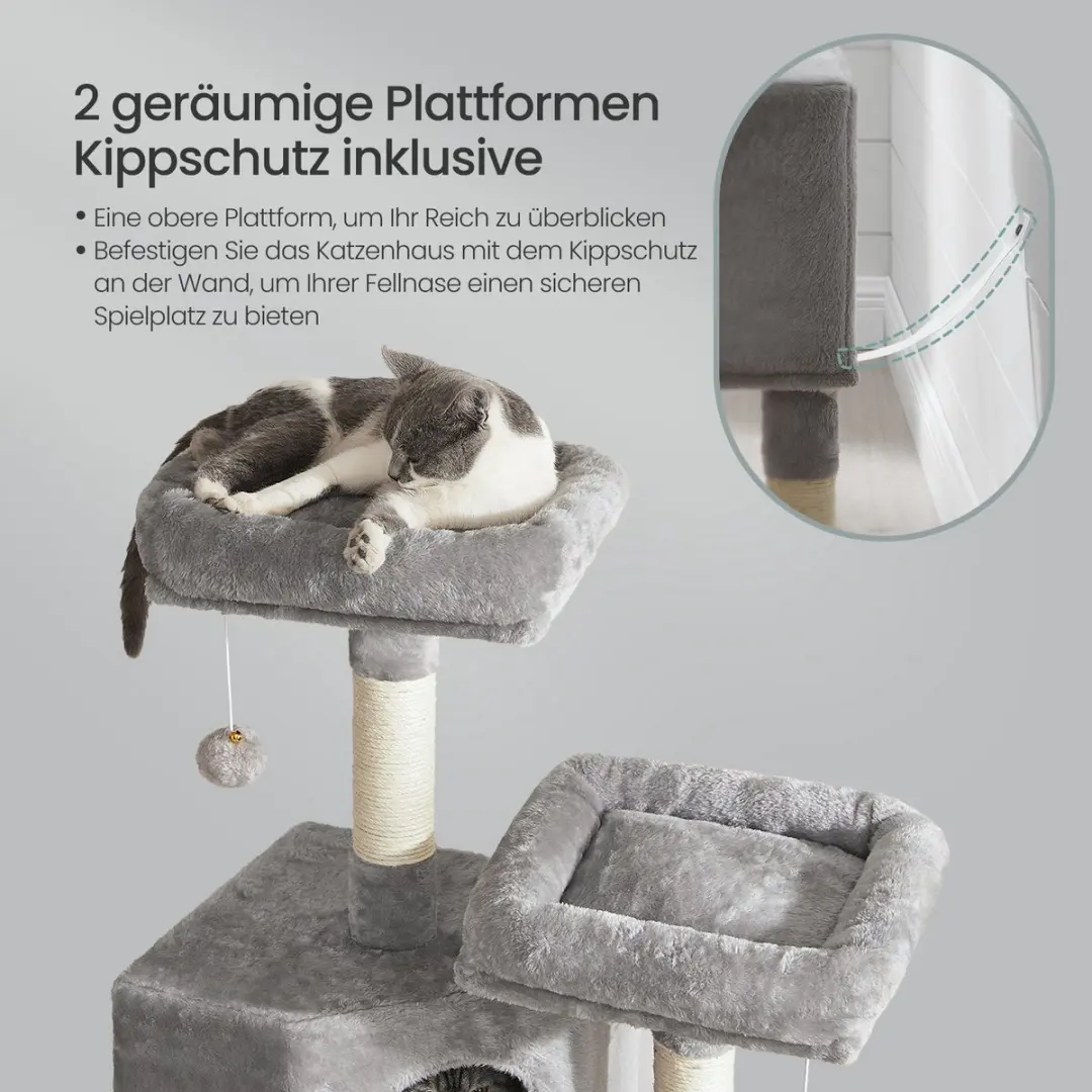 Songmics Krabpaal Kattenboom 115cm - 3 Ligplekken - Lichtgrijs - afbeelding 3 van 5