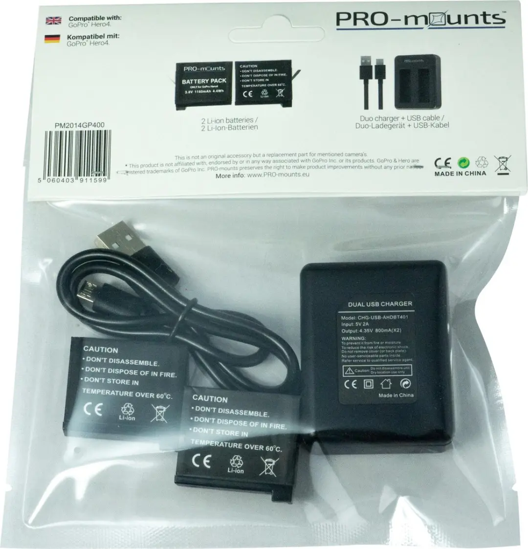 PRO-Mounts PM2014GP400S Dual Charger Battery Kit - GoPro Hero4 - 2x Accu
