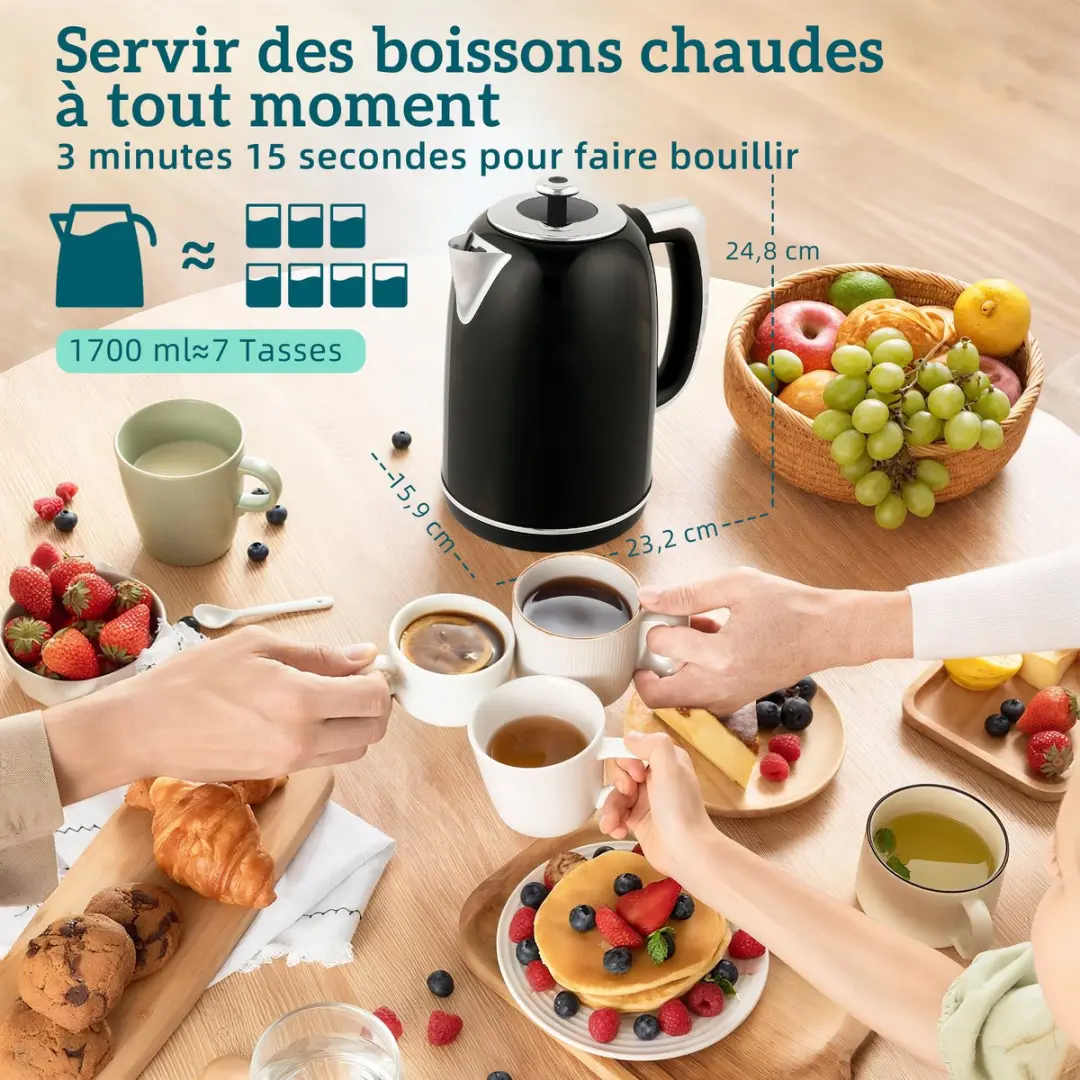 ECTEATOY Ontbijtset Waterkoker 2200W & Broodrooster 2 Sneden - RVS Zwart - afbeelding 5 van 6