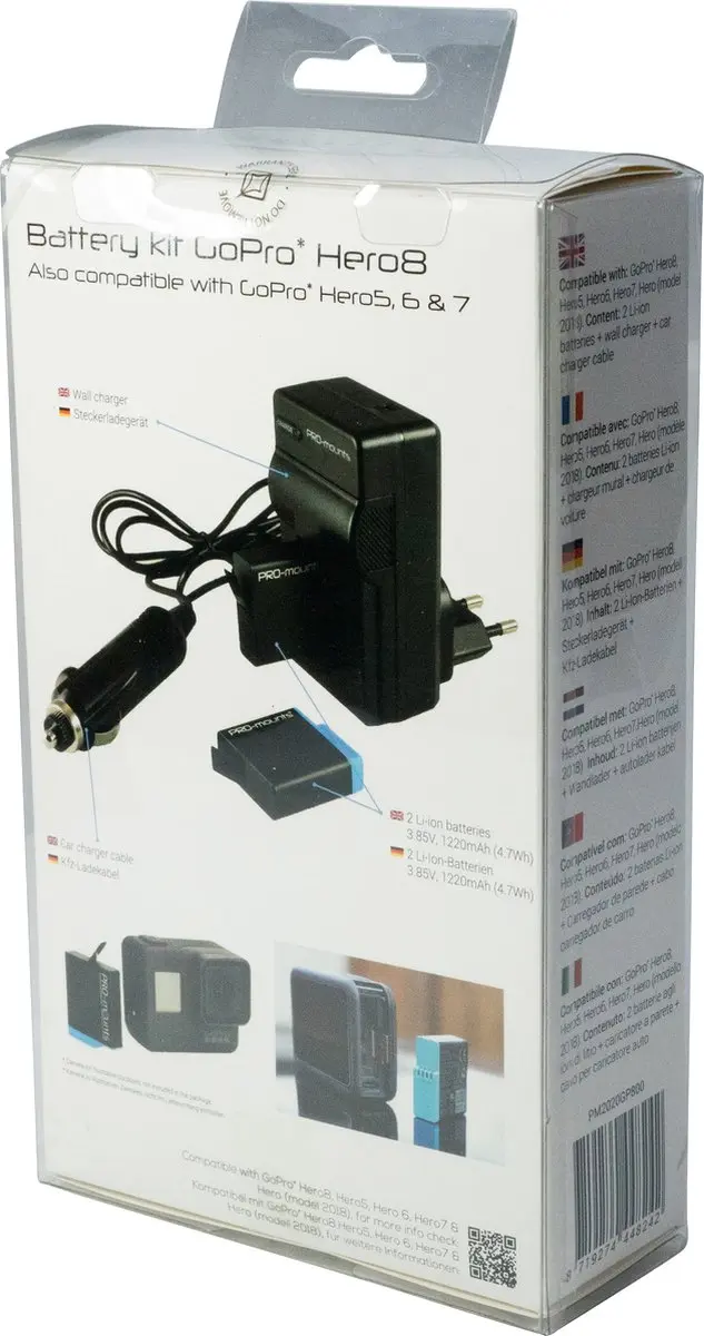 PRO-Mounts Battery Kit GoPro Hero8/7/6/5 - 2 Accu's + Lader