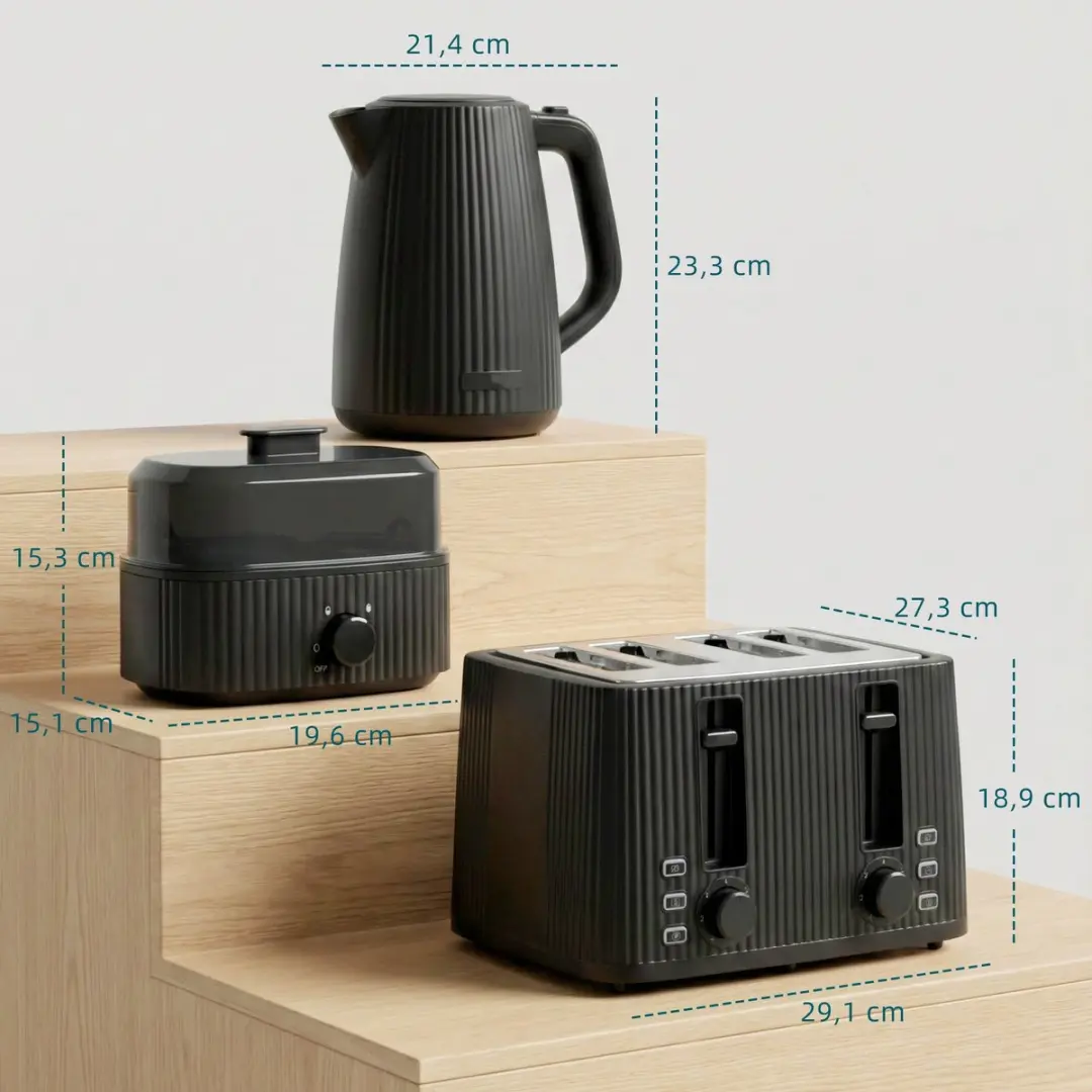 ECTEATOY 3-in-1 Ontbijtset 2200W - Waterkoker/Broodrooster/Eierkoker - Zwart