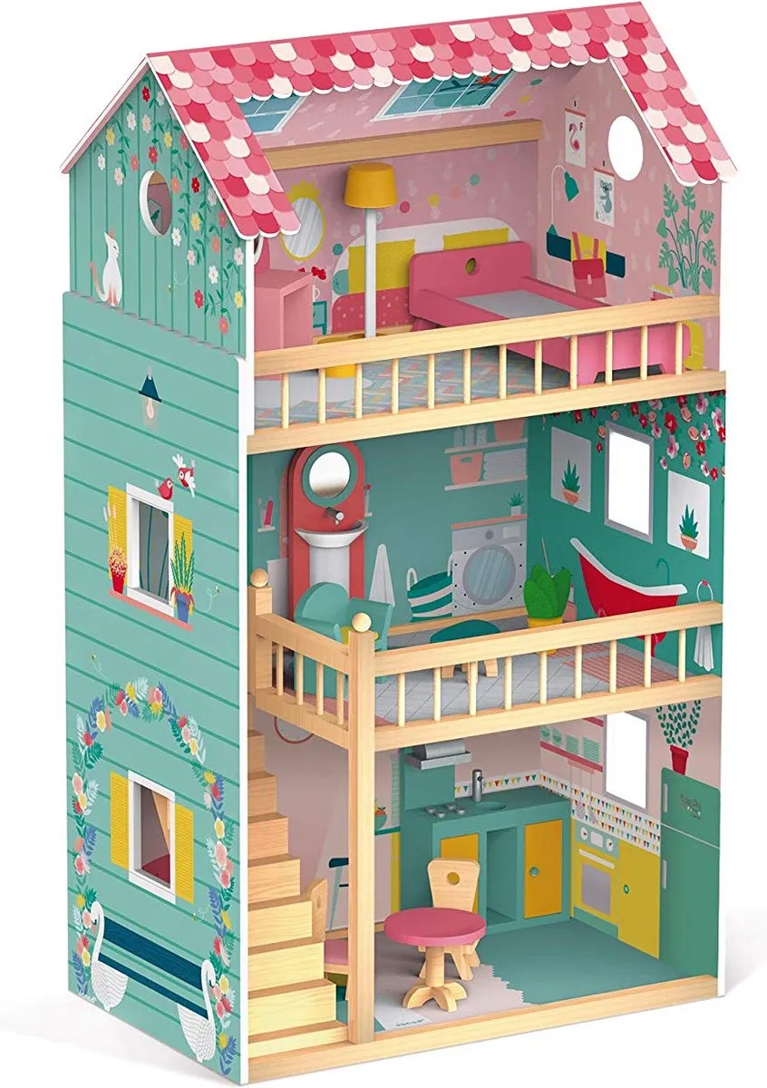 Janod Happy Day Houten Poppenhuis 3 Verdiepingen - 12 Meubels