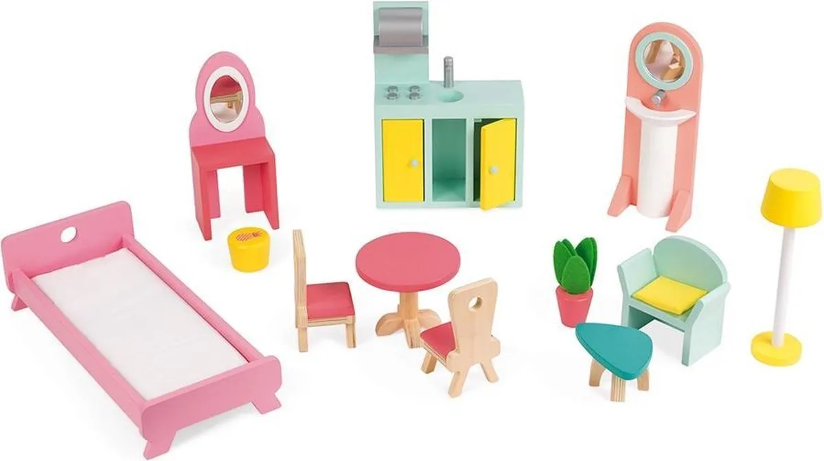 Janod Happy Day Houten Poppenhuis 3 Verdiepingen - 12 Meubels