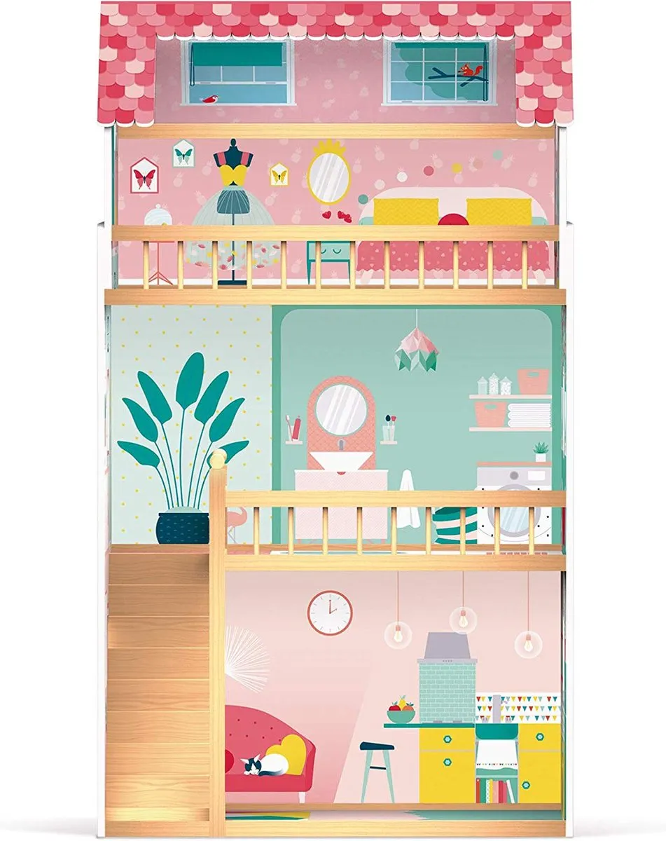 Janod Happy Day Houten Poppenhuis 3 Verdiepingen - 12 Meubels