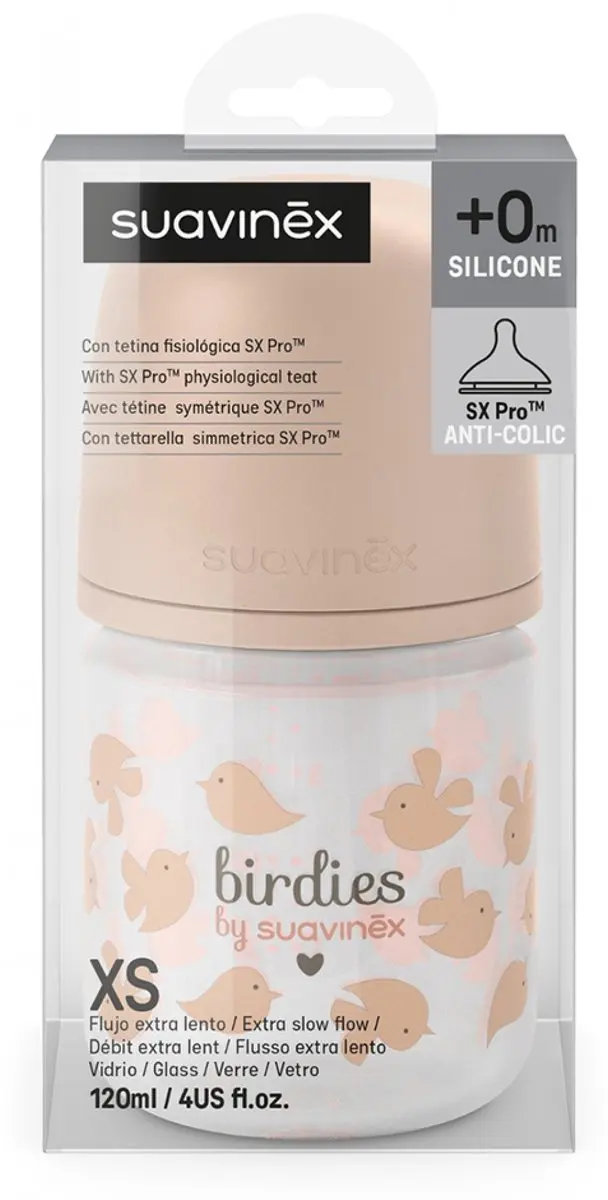 Suavinex Birdies Glazen Babyfles 120ml - Roze