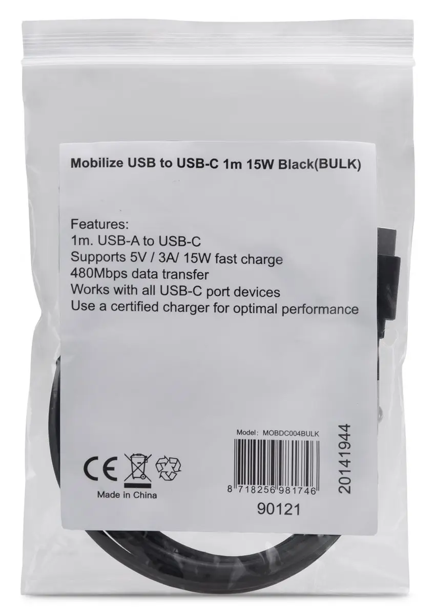 Mobilize USB-A naar USB-C Kabel 1m - Zwart