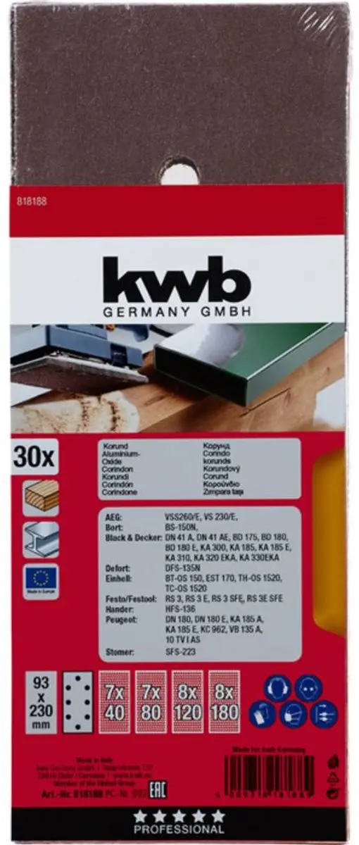 KWB Schuurpapier 818188 - Korrel 60/80/120/180 - 230x93mm - 30 Stuks