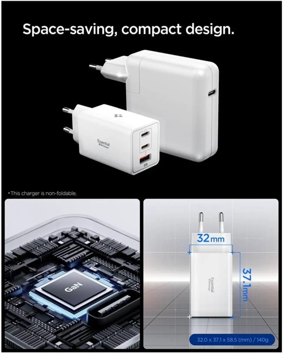 Spigen Essential EE673EU 67W GaN Snellader - USB-A/USB-C - 3 Outputs - Wit