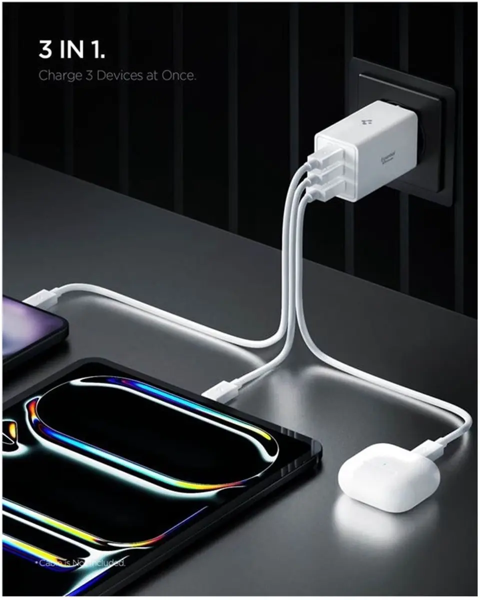 Spigen Essential EE673EU 67W GaN Snellader - USB-A/USB-C - 3 Outputs - Wit