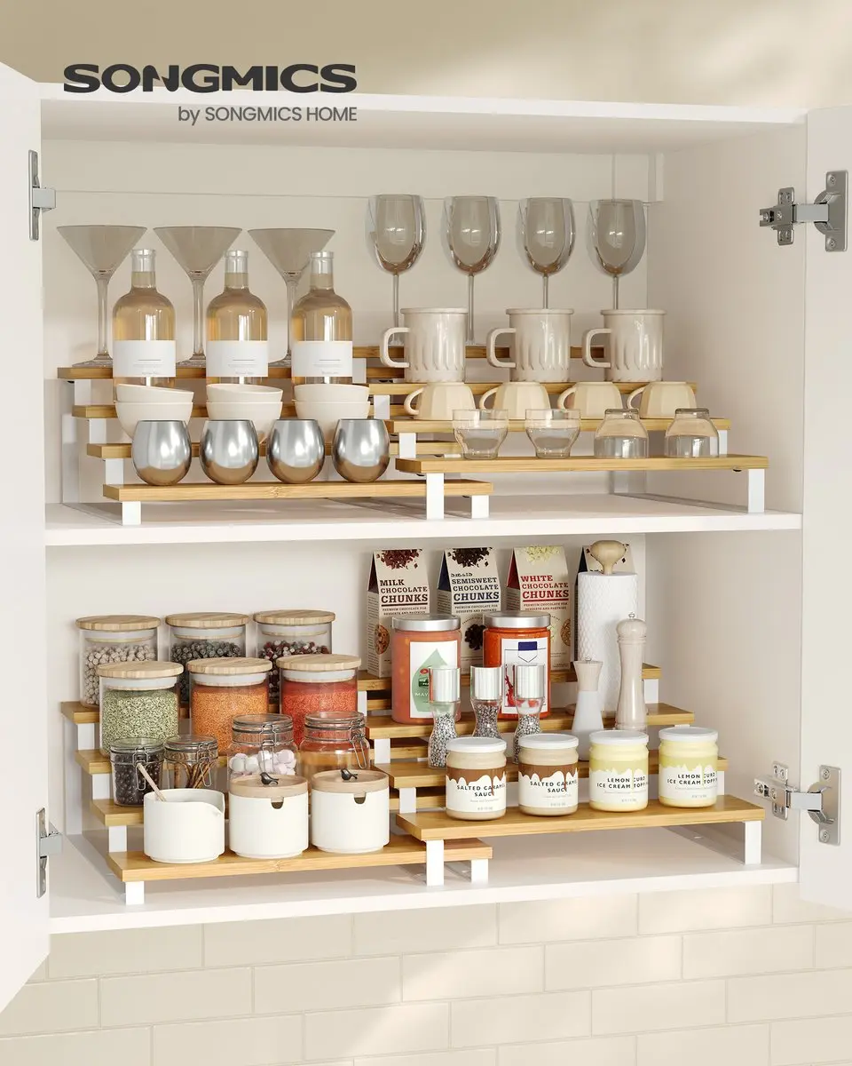 Songmics Kruidenrek Set 2-delig KCS216N02 - 4 Verdiepingen - Natuurbeige/Wolkenwit