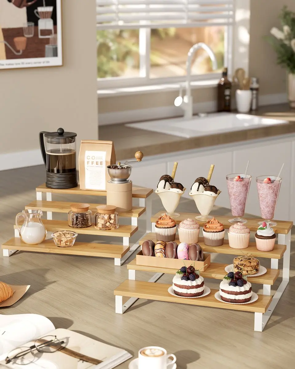 Songmics Kruidenrek Set 2-delig KCS216N02 - 4 Verdiepingen - Natuurbeige/Wolkenwit