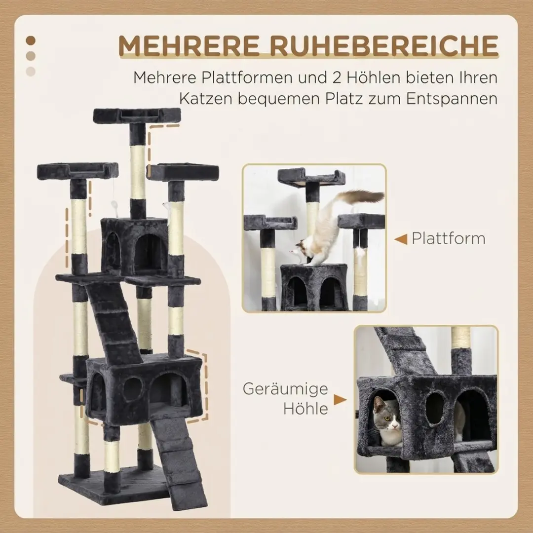 Pawhut Kattenboom - 49x49x173cm - Donkergrijs