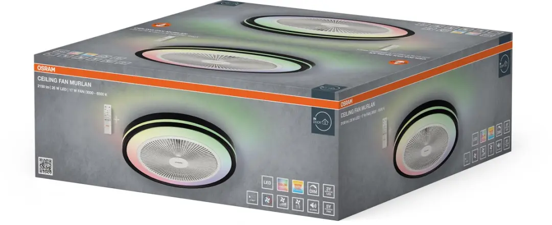 Osram Murlan 490mm Plafondventilator 43W RGB - Zwart/Wit - afbeelding 6 van 6