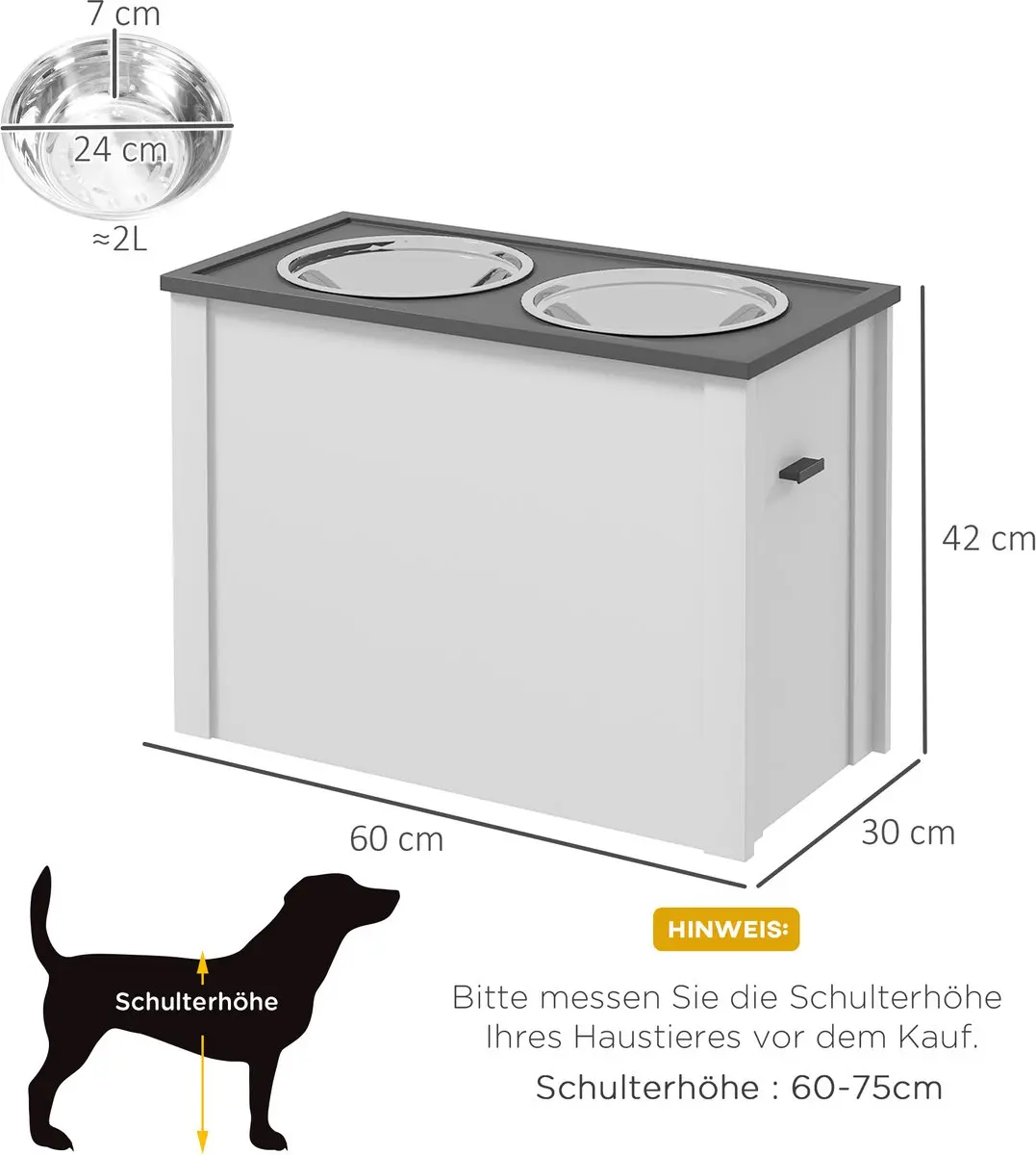 ECTEATOY Hondenvoerbak met Opbergruimte 2 RVS Bakken 60x30x42cm Wit - afbeelding 6 van 6