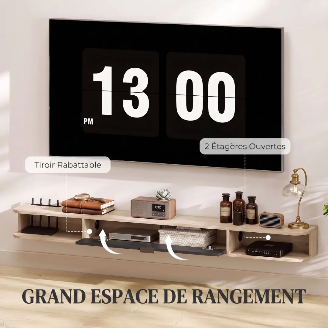 Homcom TV-meubel 180x24x16cm - Natuurlijk hout & zwart - afbeelding 6 van 6