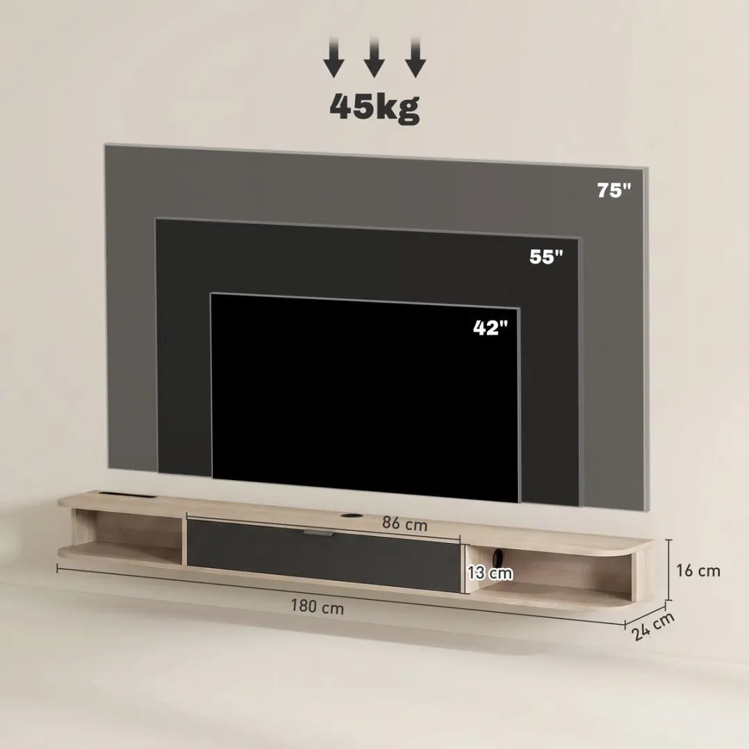 Homcom TV-meubel 180x24x16cm - Natuurlijk hout & zwart