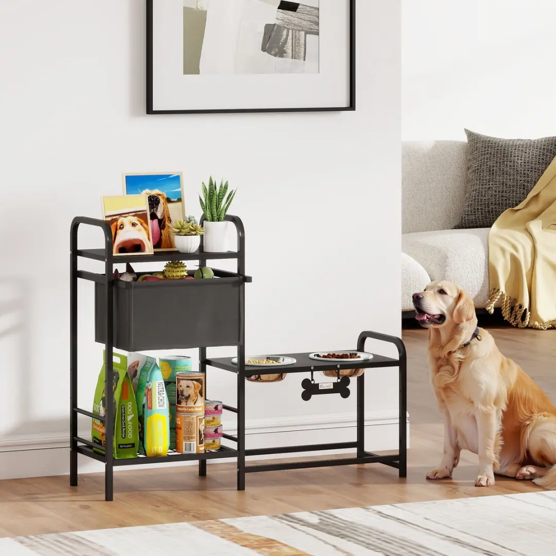 ECTEATOY Voerbak Hond met Opberglade - 2x RVS 800ml - Zwart