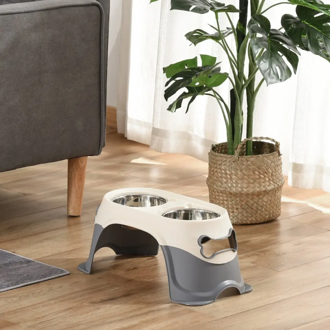 ECTEATOY Verhoogde Voerbak Hond Dubbel RVS - 47x25x20cm Wit