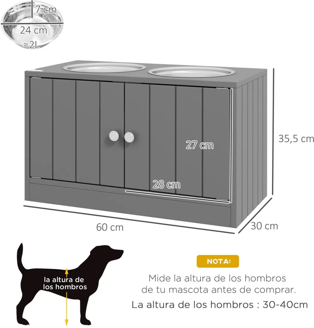 ECTEATOY Voerbak Hond met Opberglade 20L - 60x30x35,5cm Grijs