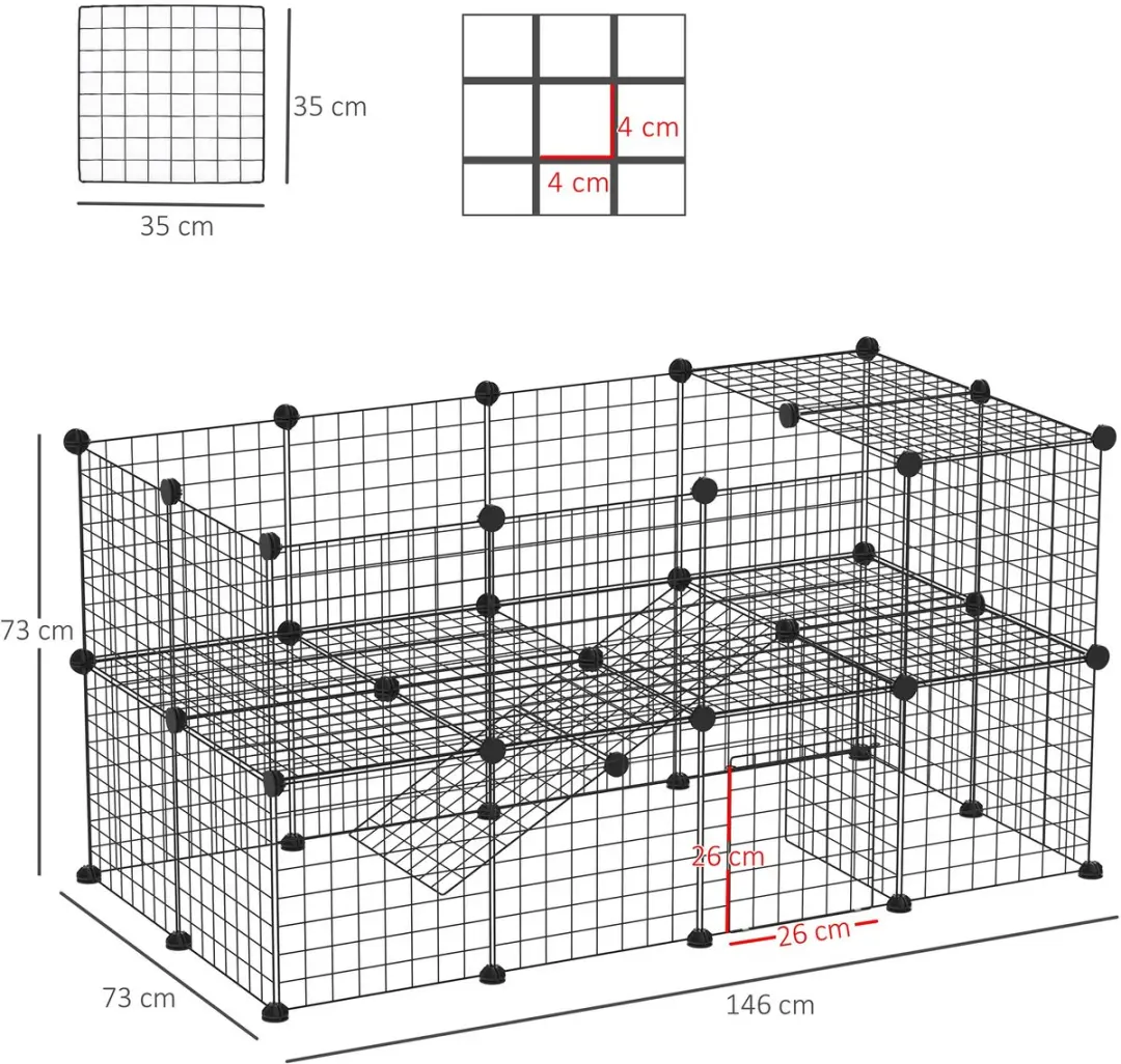 Pawhut Welpenloopstall DIY 146x73x73cm - 2 verdiepingen - Zwart