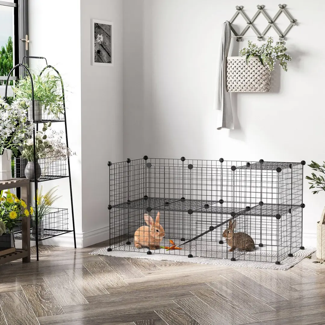 Pawhut Welpenloopstall DIY 146x73x73cm - 2 verdiepingen - Zwart
