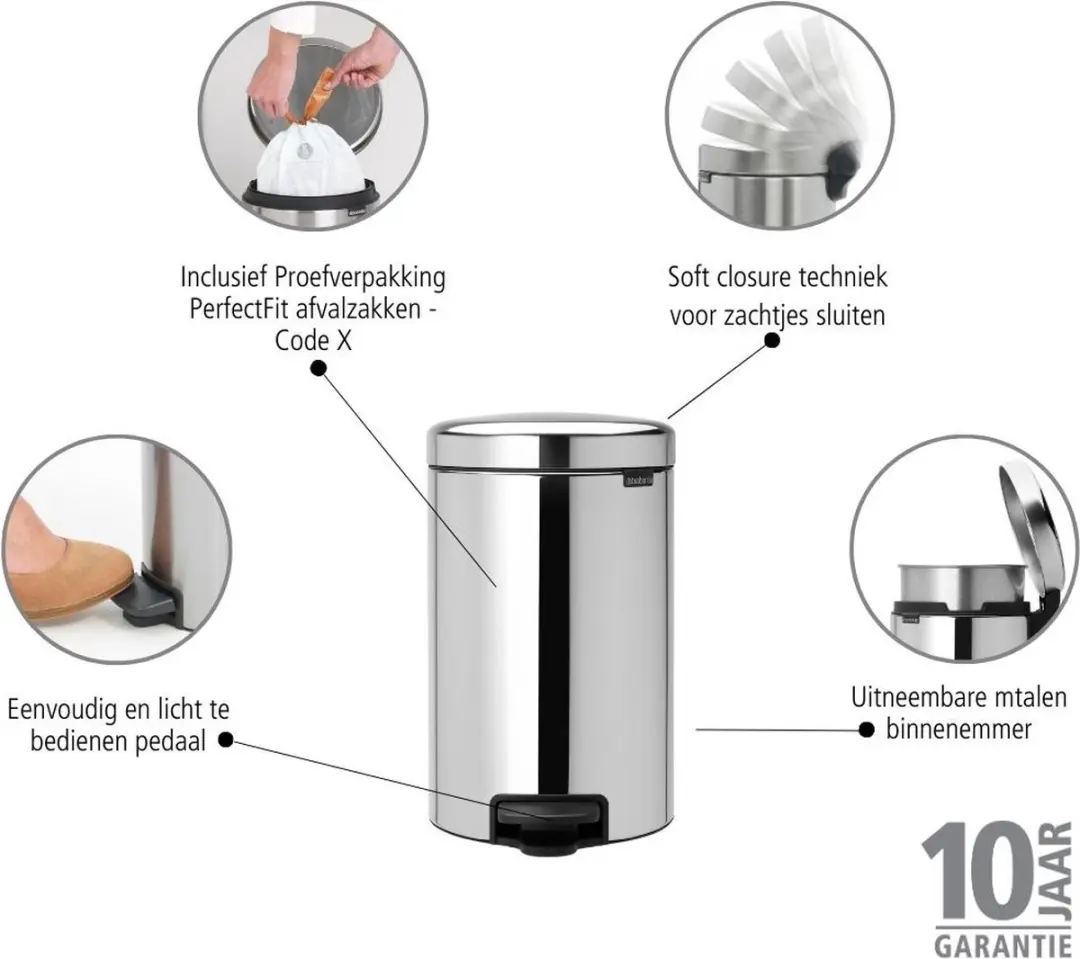 Brabantia Pedaalemmer NewIcon 12L - Metalen binnenemmer - Chroom