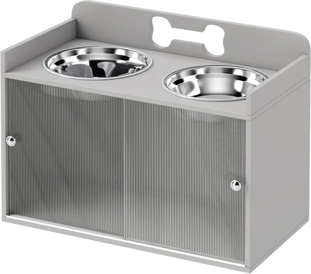 ECTEATOY Honden Voerstation 50L - 2x RVS Slow Feeder Bakken 2,1L - Grijs