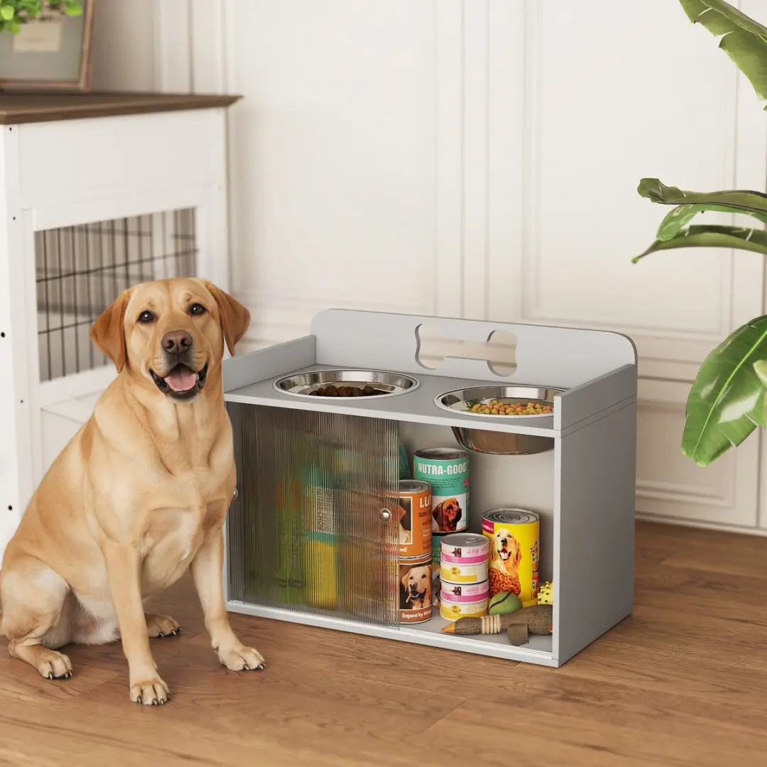 ECTEATOY Honden Voerstation 50L - 2x RVS Slow Feeder Bakken 2,1L - Grijs