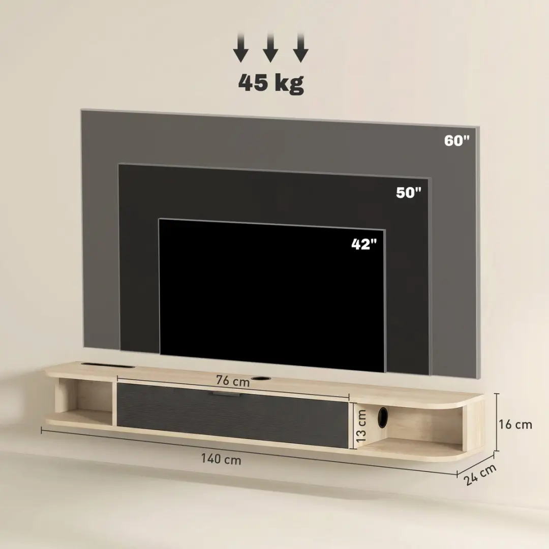 Homcom TV-meubel 140x24x16cm - Natuurlijk hout & zwart