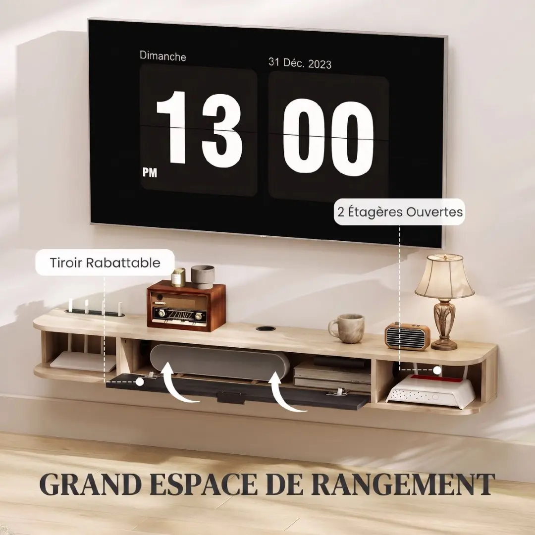 Homcom TV-meubel 140x24x16cm - Natuurlijk hout & zwart - afbeelding 6 van 6