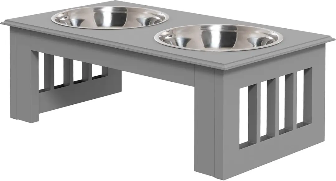 ECTEATOY Voerbak Hond met standaard - 2 RVS bakken MDF - Grijs