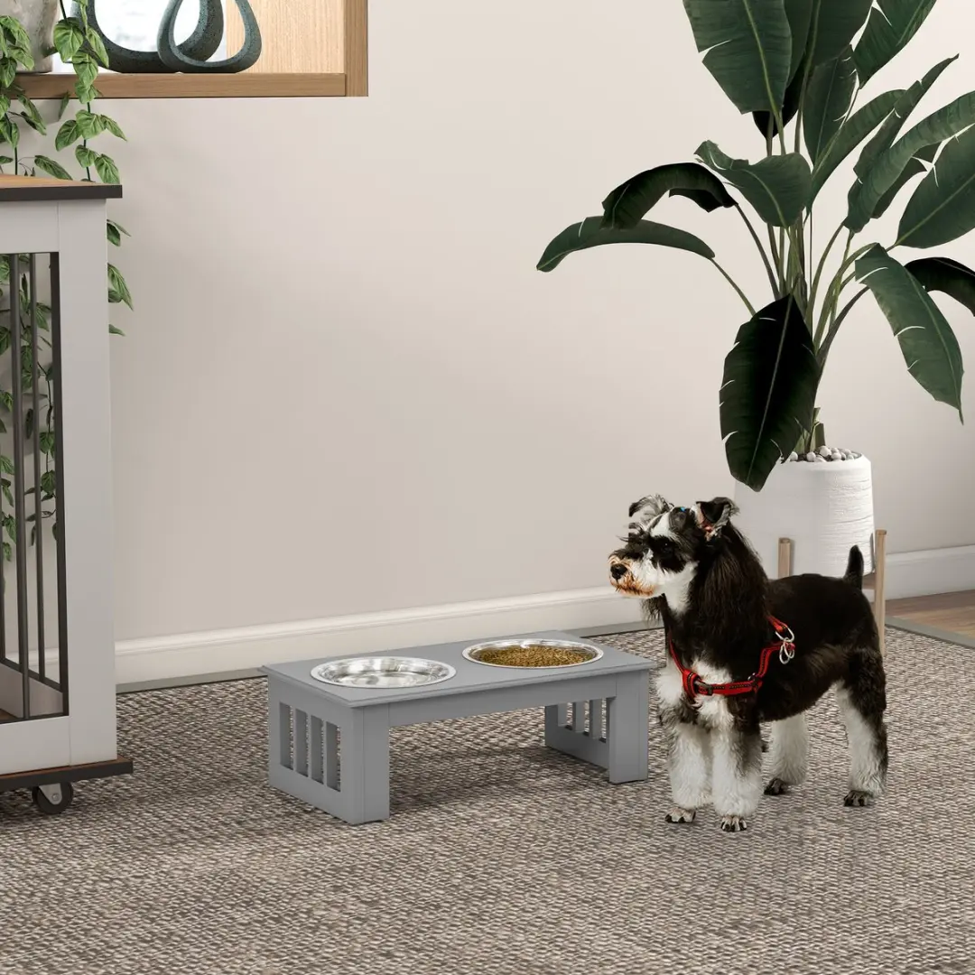 ECTEATOY Voerbak Hond met standaard - 2 RVS bakken MDF - Grijs
