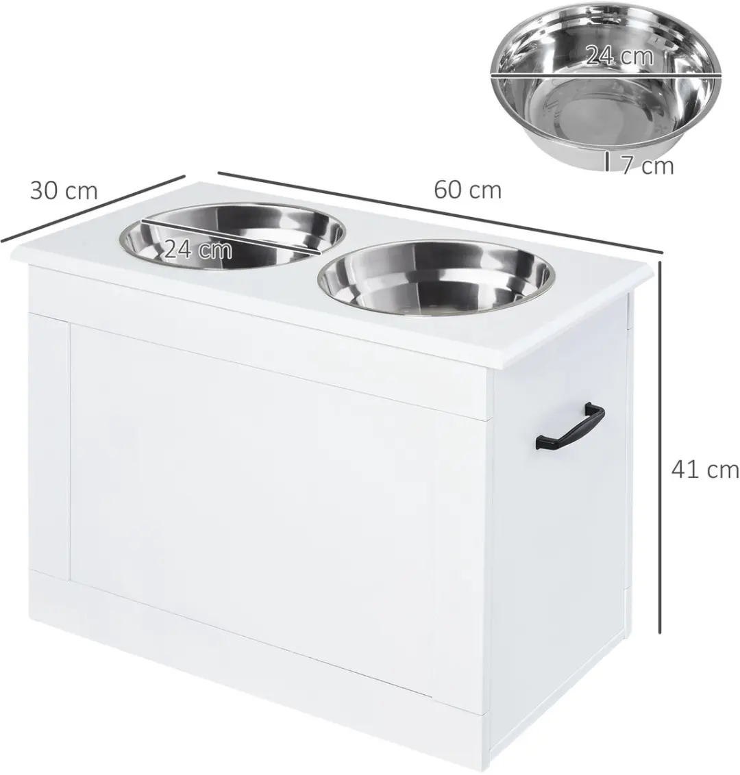ECTEATOY Voerbak Hond met Opbergruimte - 2 RVS Bakken Wit 60x30x41cm