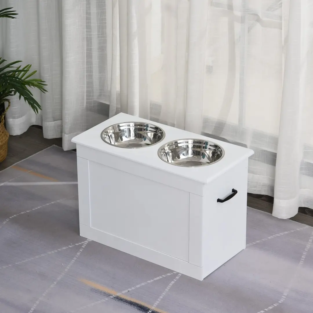 ECTEATOY Voerbak Hond met Opbergruimte - 2 RVS Bakken Wit 60x30x41cm