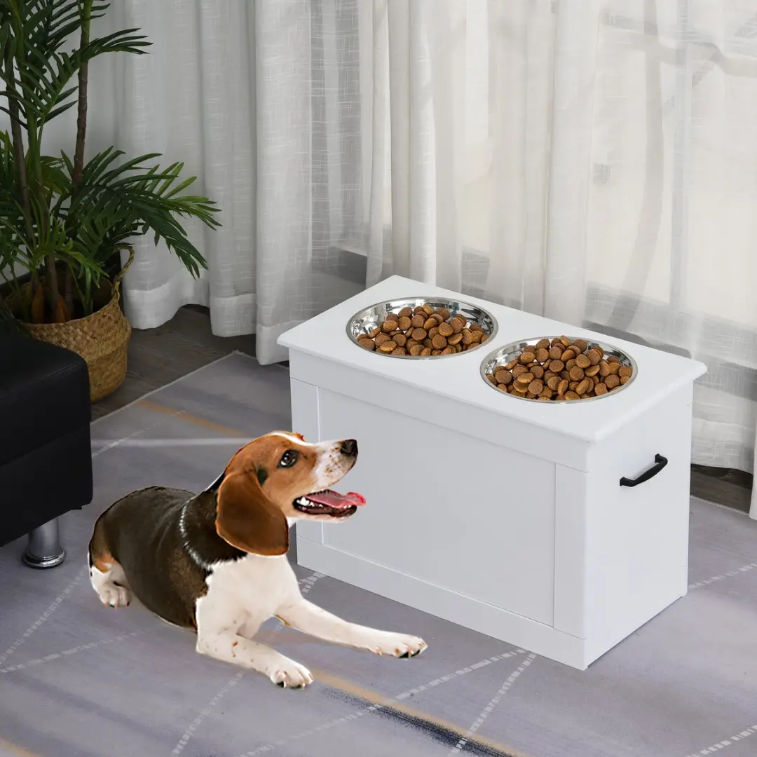 ECTEATOY Voerbak Hond met Opbergruimte - 2 RVS Bakken Wit 60x30x41cm
