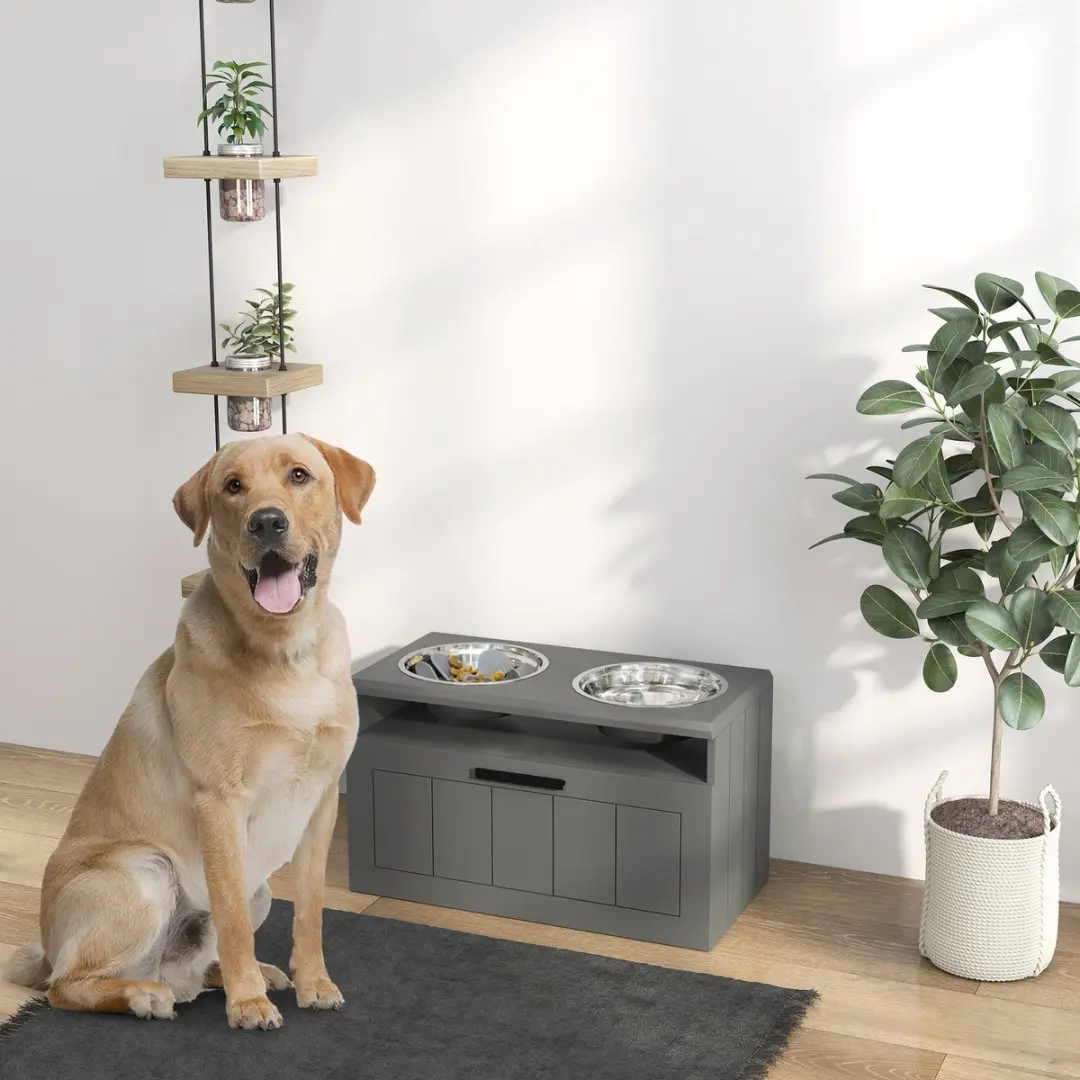 ECTEATOY Voerbak Hond met Stand - 2 RVS Bakken - Grijs 60x30x35cm