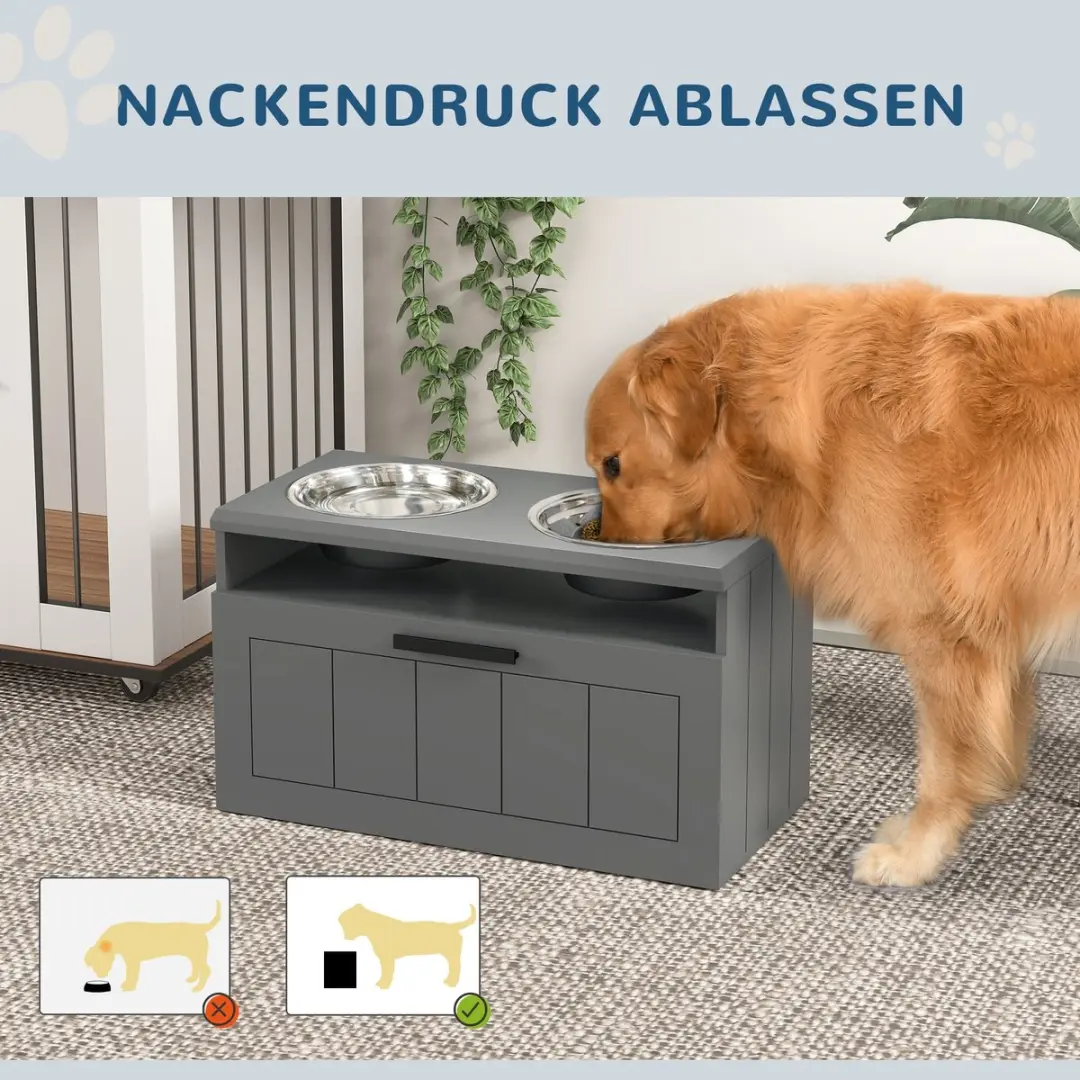 ECTEATOY Voerbak Hond met Stand - 2 RVS Bakken - Grijs 60x30x35cm