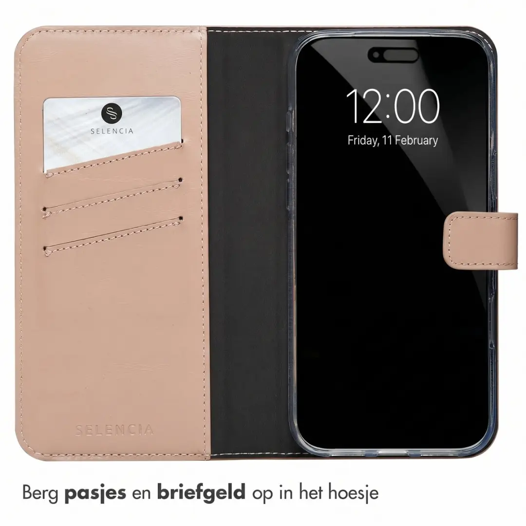 Selencia Hoesje iPhone 17 Pro Max - Echt Lederen Bookcase - Lichtroze