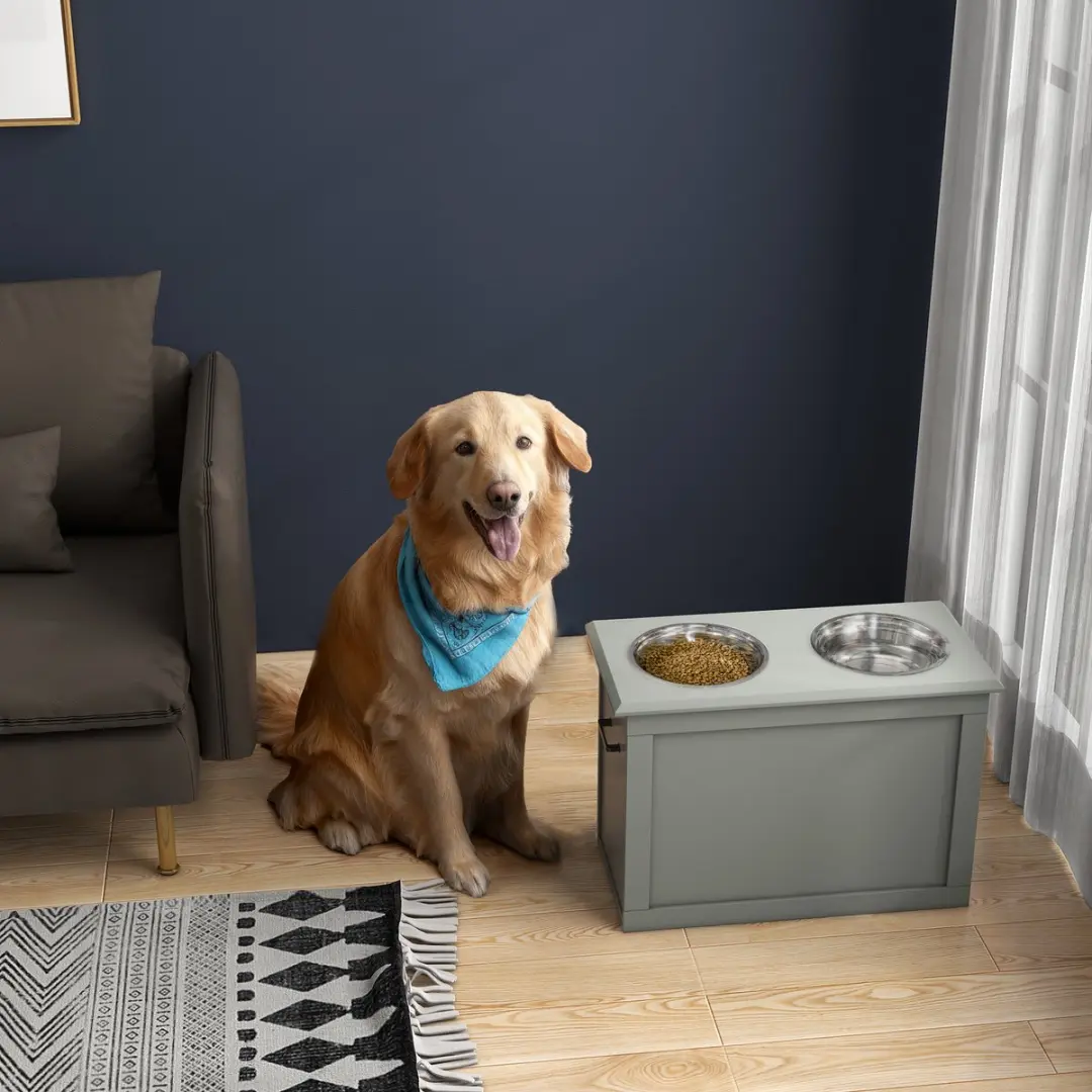 ECTEATOY Voerbak Hond met Opbergruimte - Houten Grijs