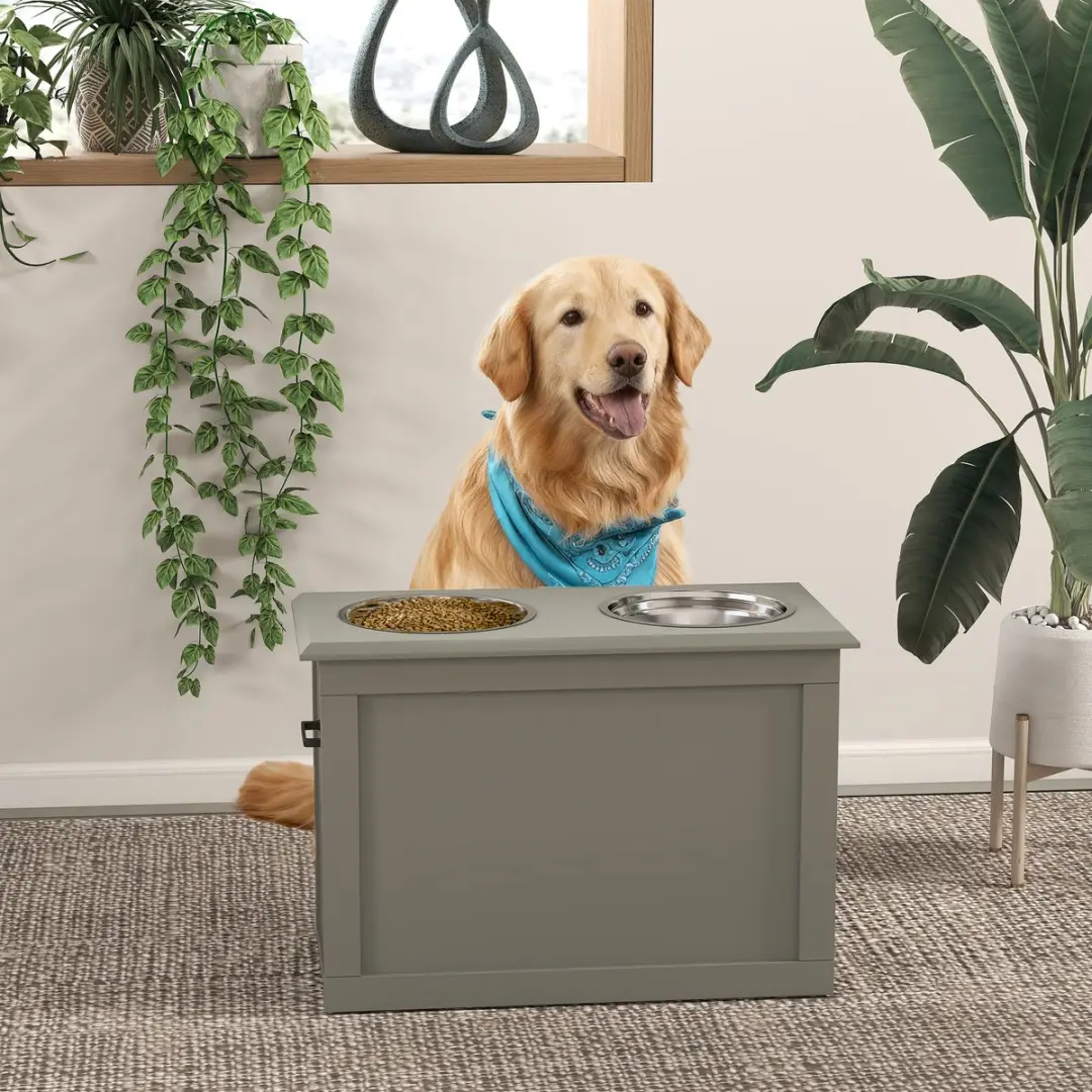 ECTEATOY Voerbak Hond met Opbergruimte - Houten Grijs